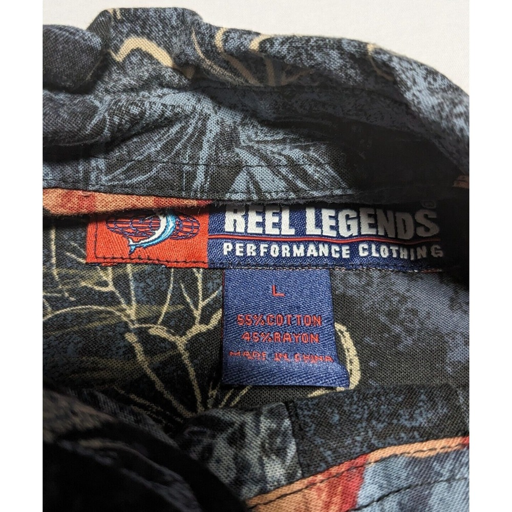 REEL LEGENDS Floral Swordfish Print Men Large Black Cotton Blend Hawaiian Shirt - Picture 7 of 15